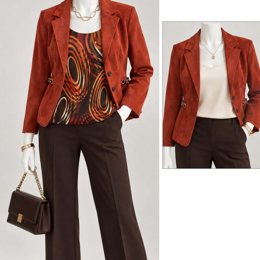 Chocolate Brown Rust Pant Suit 3 Piece Tiger Stripe Fall Vintage R&K Womens 12